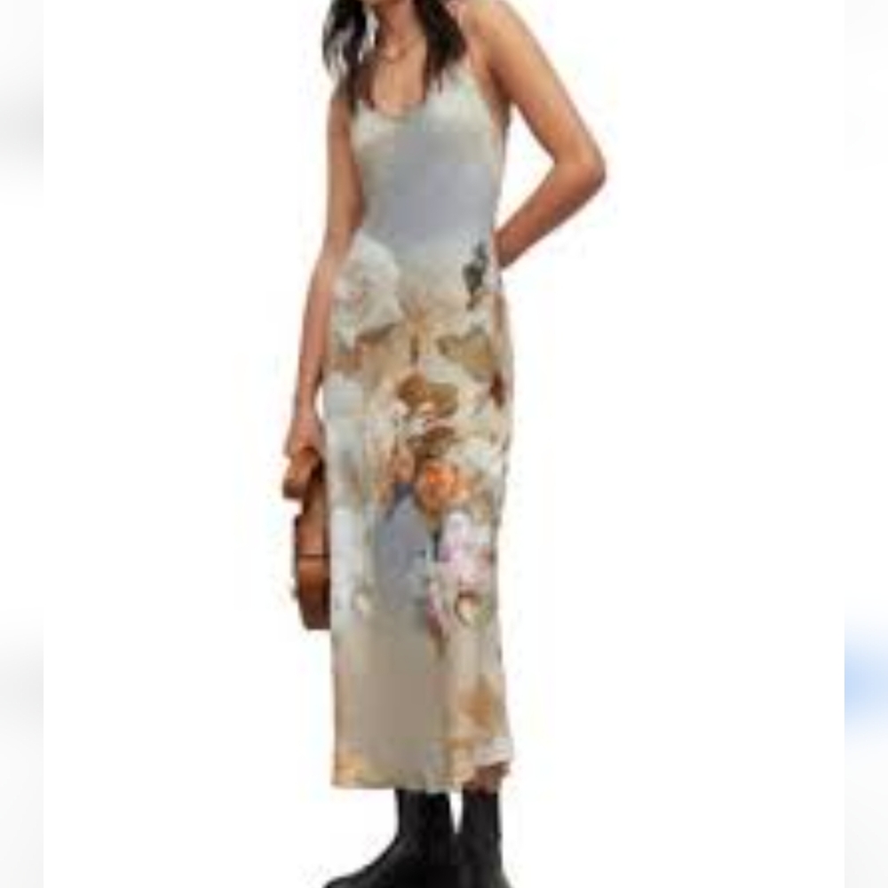 AllSaints Floral Slip Midi Dress in Gray and Brown